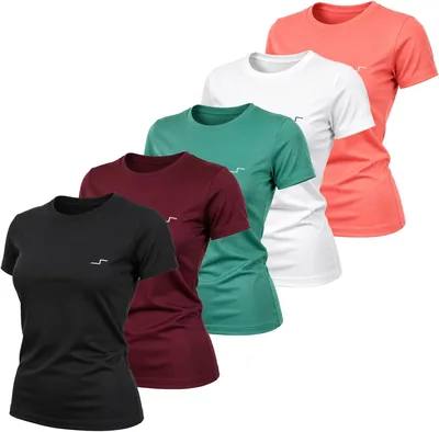 Pack 5 Playeras Deportivas Mujer SportRetch | Ropa de Gimnasio Transpirable Manga Corta para Correr, Yoga y Padel