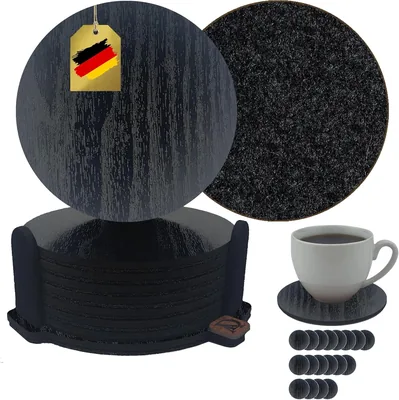 AlemsDesign dubbelsidiga glasunderlägg i trä och filt, set om 8 med hållare, rund 10 cm, svart trälook, mörkgrå filt - 2-i-1- Best Deal