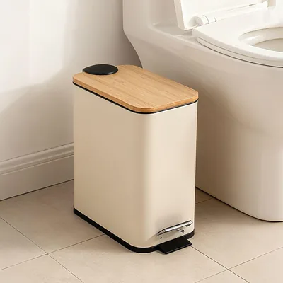 Danube Home Velora 5L Bamboo Trash Can with Soft Close Lid, Small Bathroom Dustbin, Oatmeal - Best Deal