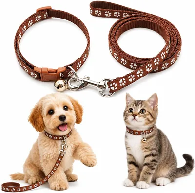 Adjustable Puppy Collar & Leash Set - Dark Brown Paw Print Dog Collar Lead for Small Dogs Cats, Soft Fabric Co Best Deal