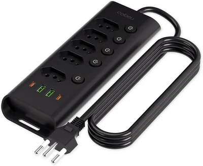 Extensão Elétrica com Filtro de Linha, 5 Tomadas e 2 USB