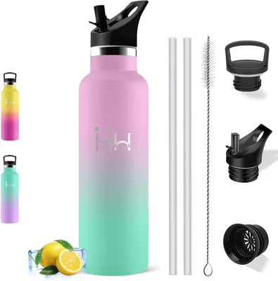 Botella de agua de acero inoxidable, botella térmica de 1 litro, con pajita, libre de BPA | A prueba de fugas, botella de agua para gimnasio, doble aislamiento