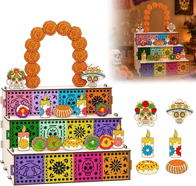 Altar de Muertos Armable Kirogily de 3 Niveles, 11 Accesorios, 30x30x22 cm, Diseño Calado Colorido