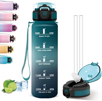 Bouteille d'eau sportive, 1 litre avec paille pour la randonnée, le fitness | Bouteille graduée, marqueur horaire, étanche, facile