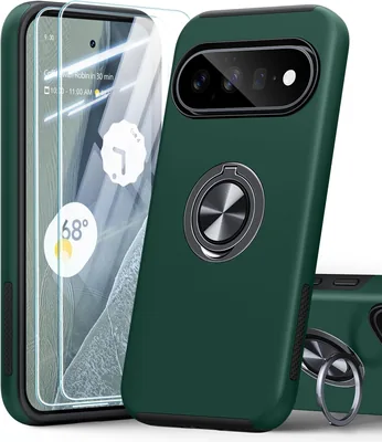 AOUIA Google Pixel 11/11 Pro Fallskydd med 2x Glass Stand | 2 Stk. Skyddglass, 360° Ringstand, Militär P