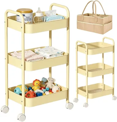 2-in-1 Baby Diaper Cart & Organizer, 3-Tier Rolling Utility Cart, Detachable Caddy, Metal Frame