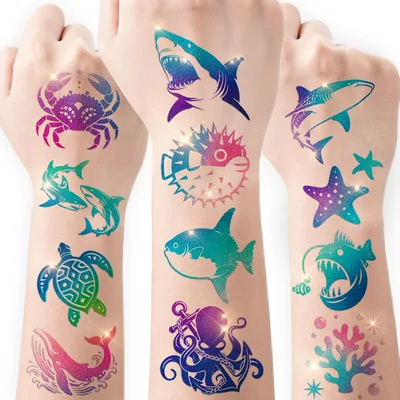 CHARLENT 108 Glitter Ocean Tattoos for Kids - Waterproof Underwater Animals