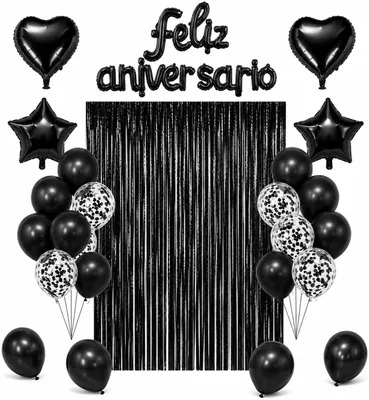 Kit de Decoração Feliz Aniversário Completo - 26 Peças com Cortina Metalizada, Balões e Letreiro (Preto) - Melhor Preço