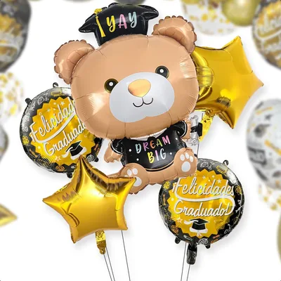 Kit de 5 Globos Metálicos Osito Graduado, Dorado, Bouquet para Fiesta de Graduación - Mejor Oferta