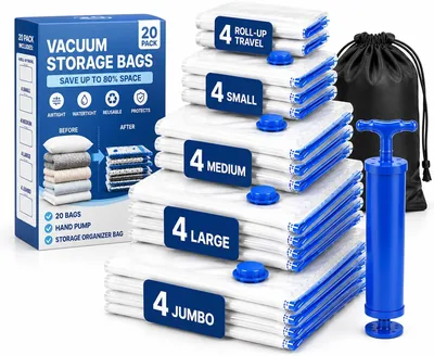Vacuum Storage Bags 20 Pack - Save 80% Space | Jumbo & Travel Bags + Pump