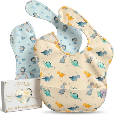 Bela Pack de 2 Baberos Impermeables sin Mangas BLW para Bebés de 6 Meses a 5 Años, Captador de Migas con Bolsillo - BPA Libre (Regalo)