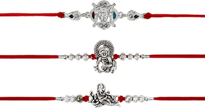 SAJTOX Rakhi Set for Brother - Silver-Tone Religious Rakhi with Charms & Red Thread