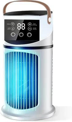 Sulobom 4 en 1 Mini Climatiseur Silencieux, Climatiseur Mobile avec 9 Vitesses et Minuterie, Lumière Colorée 7 Couleurs, pour Chambre à Coucher, Bureau