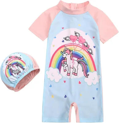 Girl's UPF 50+ Rash Guard Sunsuit - Unicorn Swimwear with Hat, Short Sleeve, Size S