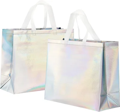 Premify Reusable Tote Bags - Iridescent Glossy Gift Bags, Foldable, Sturdy
