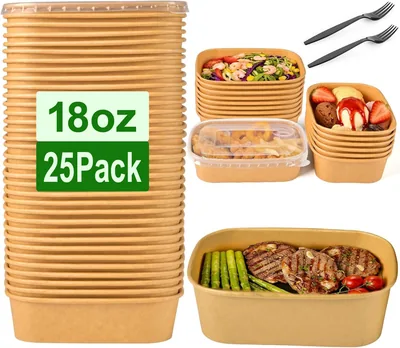 Premify 18 oz Paper Food Containers with Lids & Forks (25 Pack) - Meal Prep Bowls