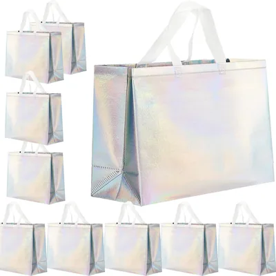 Premify Reusable Tote Bags - 10 Pc Set, Glossy Holographic, Best Deal