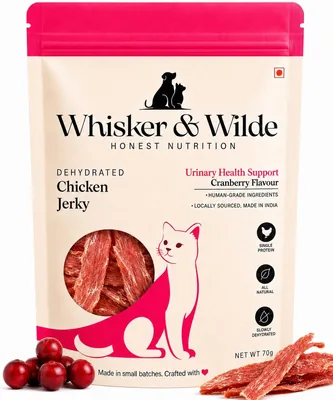 Whiskers and Wilde डीहाइड्रेटेड चिकन ज़र्की कैट ट्रीट्स | यूरिनरी ट्रैक्ट हेल्थ सपोर्ट के साथ क्रैनबेरी | एंटीऑक्सिडेंट-रिच | डेंट, Best Deal