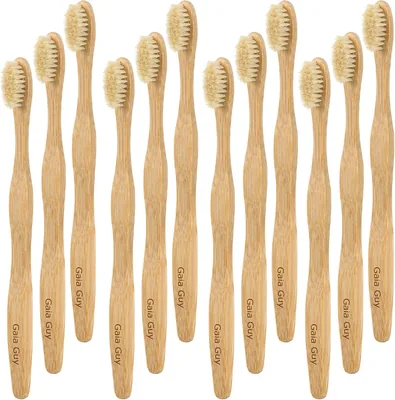 Gaia Guy Bambu tandborstar med naturvildsvinsborst, 12-pack - nylonfria naturliga borstborstar, bambuhandtag, medium fast bor
