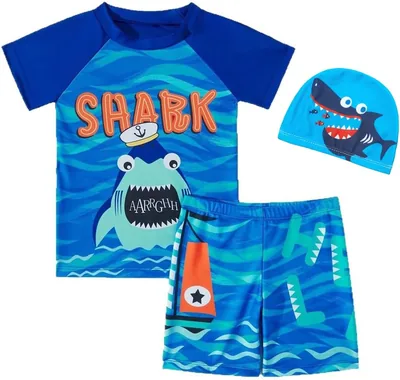 BananaHome Boys Rash Guard Swimsuit Toddler Beachwear 3-Piece Set with Hat Shark Design