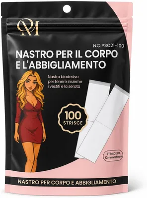 Nastro Biadesivo QM per Abbigliamento Donna, 100 Pezzi 12x85mm, Nastro Trasparente per Vestiti, Pelle e Tessuti
