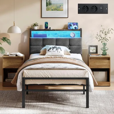 VASAGLE Conner RMB122G101: Letto Singolo in Acciaio con Luci LED e Prese, Colore Nero Opaco