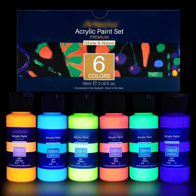SYOSI Acrylic Paint Set - 6 Neon Glow-in-the-Dark Colors, 2 oz Bottles