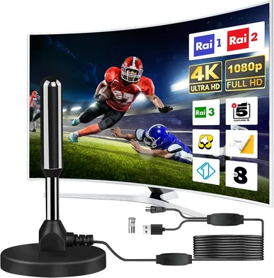 Antenna TV Amplificata Interna Potente, Nuova del 2026, Ricezione a Lunga Distanza di 500 Km con Angolo Morto di 360°