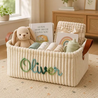 Individuell gestaltetes Geschenkkorb für Babys mit Personalisiertem Namen, Aufbewahrungskorb aus Cord für Neugeborene Jungs und Mädchen