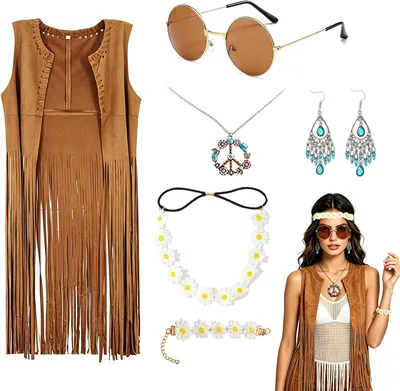 QingWing Hippie Kostum Fönar, 70-talas Stil Vest med Tassel, Daisy Kollar, Bracelet, Sunglasser och Nassel - Kvinnor
