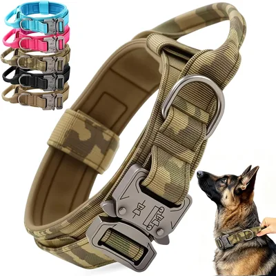 Collar Táctico para Perro DAQI, Camuflaje L/M, Ajustable, Material Militar, Asa y Hebilla Metálica