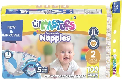 Lil Masters Disposable Nappies, Medium (5-9kg), 100 Count, Ultra Absorbent 5 Layer Multi Core