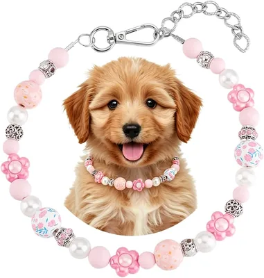 Beaded Dog Collar 16.5" Pink Flower Dog Necklace Collar - Best Deal