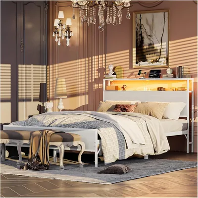 Cama Matrimonial Simple Wisdom 1.4 M con Almacenamiento, Carga y Luces LED