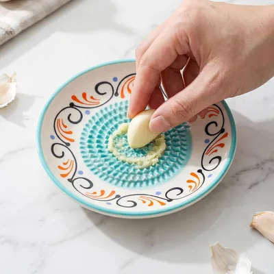 Ceramic Garlic Grater Plate - Handmade Kitchen Tool with Dipping Area, Easy to Clean