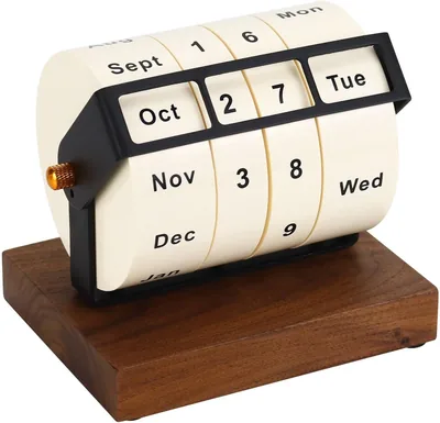 Rotary Perpetual Desk Calendar - Wooden Calendar with Date Display, Reusable Reminder