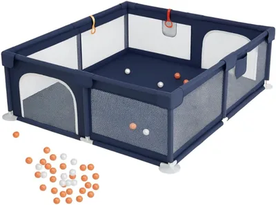 Gogooda Baby Playpen - Navy Blue, 180x120x66 cm Mesh with 50 Balls, Large Safety Fence