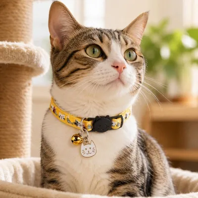 猫用首輪 カートゥーン プリント ベル&チャーム付き 調節可能 イエローストラップ スナップバックル 屋内・屋外対応