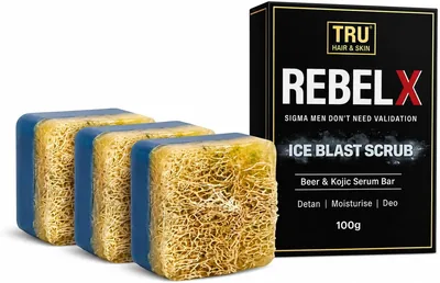 TRU HAIR & SKIN RebelX Ice Blast Scrub | 100gm प्रति बंडल में 3 बंडल हैं | प्राकृतिक लूफा | पुरुषों के लिए स्नान बार - हाथ से बनी साबुन
