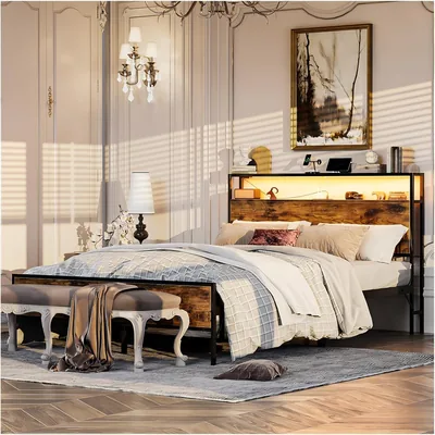 Cama Matrimonial Simple Wisdom 1.4M con Luces LED y Puertos USB, Base y Cabecero de Almacenamiento