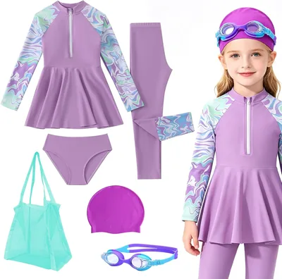 Urbazaar Girls 4 Pcs Rash Guard Swimsuit Set UPF 50+ Quick-Dry Beach Suit