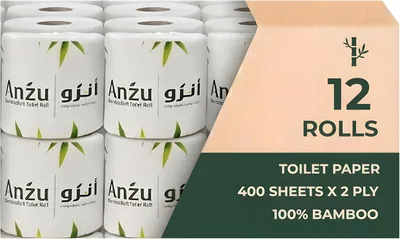 Anzu Bamboo Toilet Paper, 2-Ply, 400 Sheets, Unbleached (12 Rolls) Best Deal