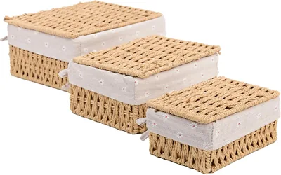 Zayla Wicker Basket Set with Lids - 3-Pack Rectangular Paper Rope Storage