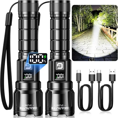 GEARLITE Taschenlampe LED wiederaufladbar, 6000 lm, Extrem heller Handlampen-Set | 3 Modi, zoombar, 2000 mAh, Batterieladezustand