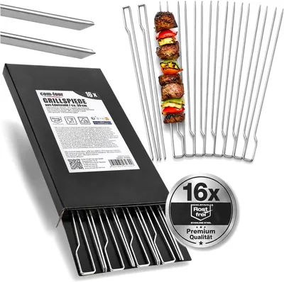 com-four® 16 Premium BBQ Skewers - Dubbla Skevor 30 cm Stainless Steel - För Matt, Fisk & Grönsaker - Inget Glid, 100% Barbec