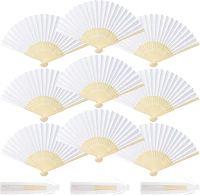 Coicok 12pcs Eventail Mariage - Éventail Blanc Pliant en Bois Papier, Lot Personnalisable avec Sacs en Organza