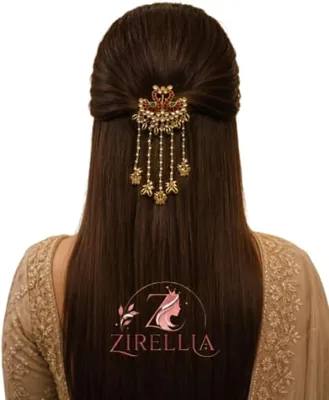 ZIRELLIA जातीय पेर्ल सारी ब्रॉच पिन महिलाओं के लिए | कुंदन शैली का पारंपरिक आभूषण बाल सामान के साथ पेर्ल टस्सल