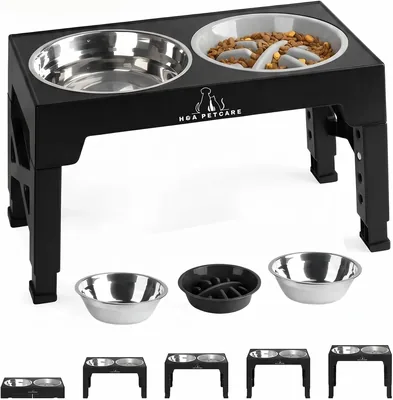 Raised Dog Bowl Stand - 4 Adjustable Heights, Slow Feeder & Steel Bowls Best Deal
