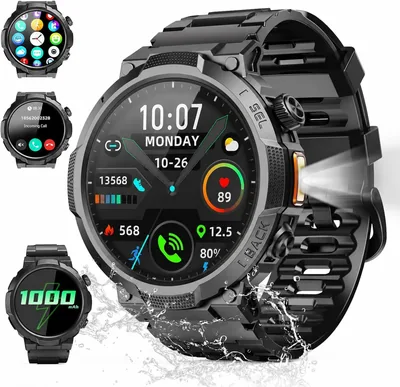 Soudorv Hombre Reloj Inteligente con Linterna, Reloj Deportivo Militar 1000mAh | Pantalla de 1.53', IP68, Llamadas Bluetooth y Monitoreo del Sueño