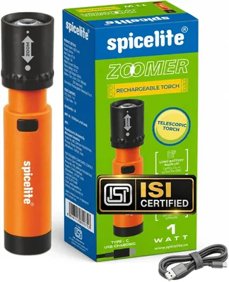 Spicelite Zoomer 1W रिचार्जेबल LED टॉर्च लाइट | टाइप-C USB चार्जिंग | टेलीस्कोपिक फोकस बीम | 3 लाइटिंग मोड | लंबी बैटरी